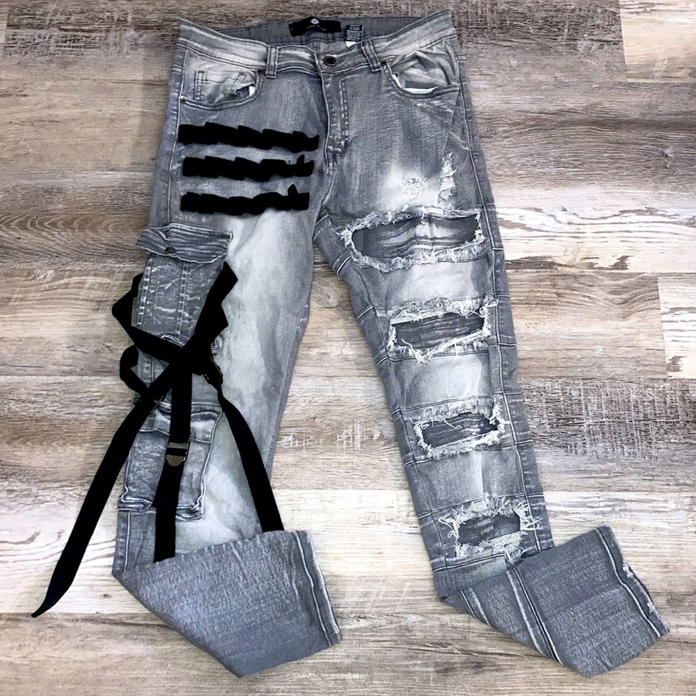 Men’s Designer Jeans Ripped Strapped Pants Grey Faded Trendy FOCUS